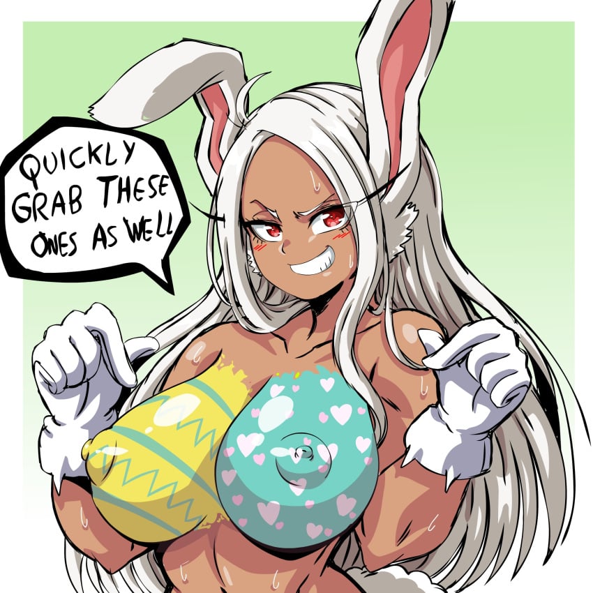 1girls 2021 big_breasts body_paint bodypaint bunny_ears bunny_girl bunny_tail dark-skinned_female dark_skin dialogue easter easter_breasts easter_egg female female_only gloves grin large_breasts lewdamone long_ears long_hair miruko my_hero_academia nude nude_female painting_body red_eyes rumi_usagiyama shounen_jump solo sweat text white_fur white_hair