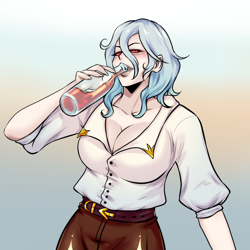 1girls beatrice_von_weiss belt bottle clothed drinking drinking_wine female female_only gabriela_gogonea grey_hair pants red_eyes red_wine shirt solo solo_female vampire warhammer_(franchise) warhammer_fantasy wine wine_bottle