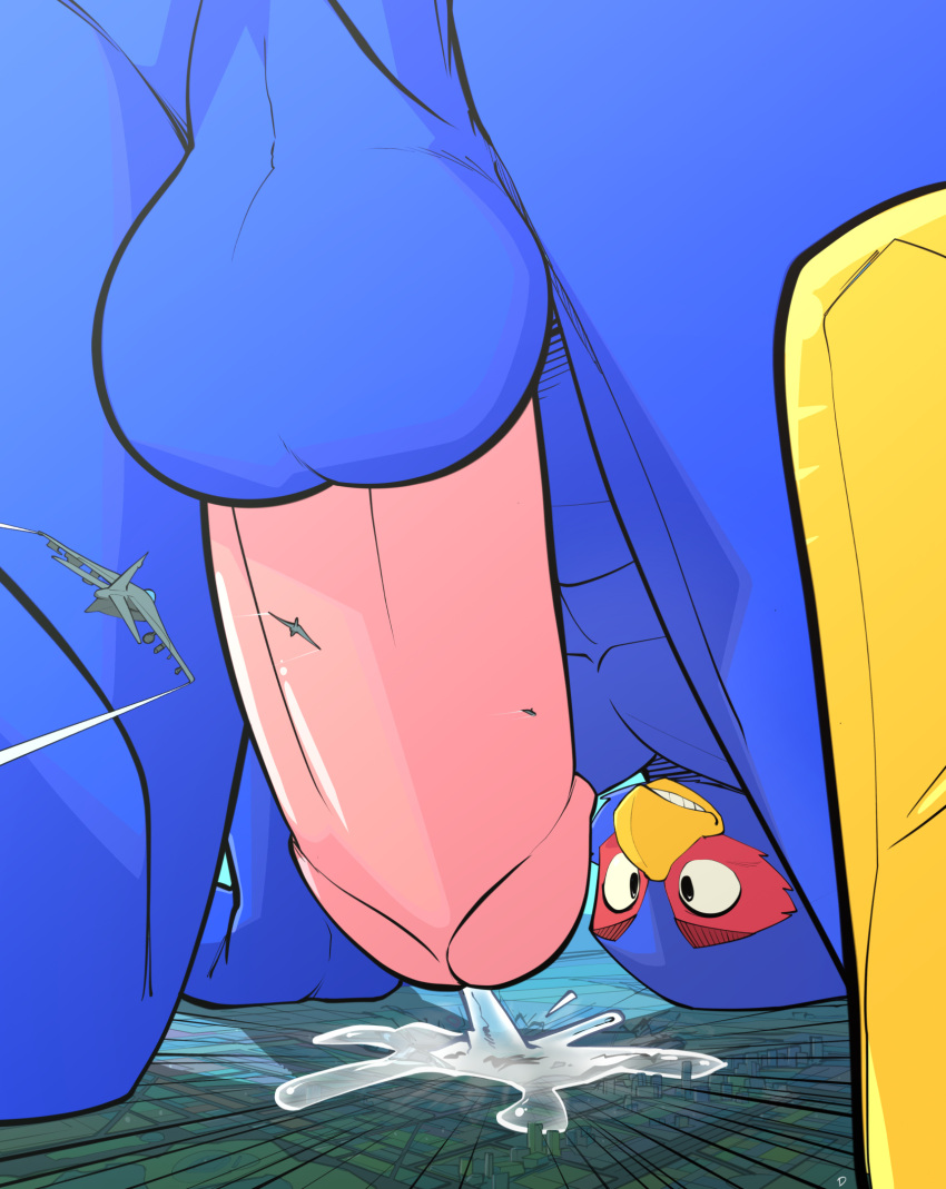 aircraft airplane all_fours anthro avian balls bird bodily_fluids cum cum_on_ground ducky_(artist) erection falco_lombardi genital_fluids genitals grin hi_res macro male male_only nintendo penis smile star_fox video_games