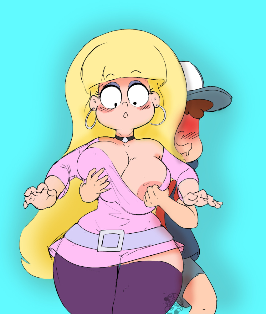 baseball_cap big_breasts big_butt blonde_hair bluedrg19 dipper_pines disney disney_channel gravity_falls hand_on_breast male/female pacifica_northwest smooth_skin waist_belt