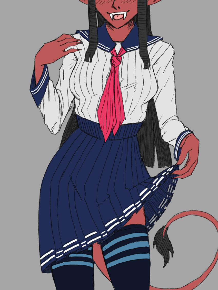 efah_(mokimolewds) high_socks long_hair mokimolewds red_skin school_uniform sharp_fingernails sharp_teeth skirt_lift tail