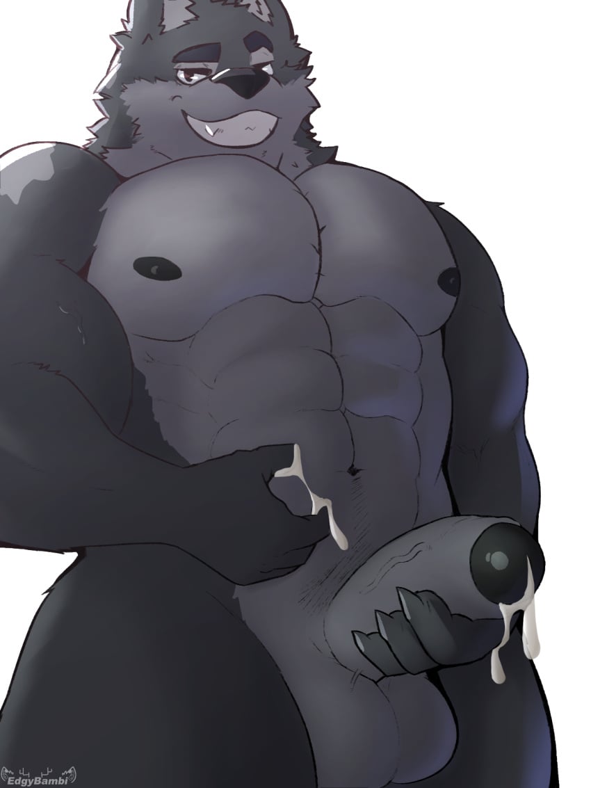 2021 abs anthro balls bodily_fluids canid canine canis cum cum_on_hand erection genital_fluids genitals hi_res humanoid_genitalia humanoid_penis jayjay_(artist) looking_at_viewer low-angle_view male mammal muscular muscular_anthro muscular_male navel nipples nude pecs penis simple_background smile solo standing white_background wolf