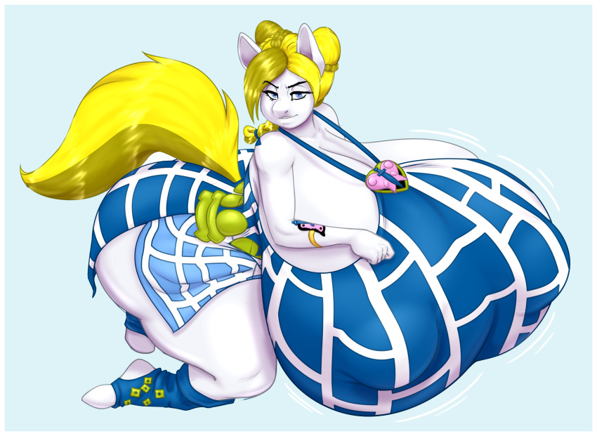 absurd_res anthro big_breasts blonde_hair blues64 border breasts equid equine female furry furry_only furry_tail gigantic_breasts hair hasbro hi_res huge_breasts hyper hyper_breasts jojo's_bizarre_adventure jolyne_kujo mammal massive_breasts mr.pink my_little_pony nipple_bulge nipple_outline solo stone_ocean white_body white_border white_heart_(oc)