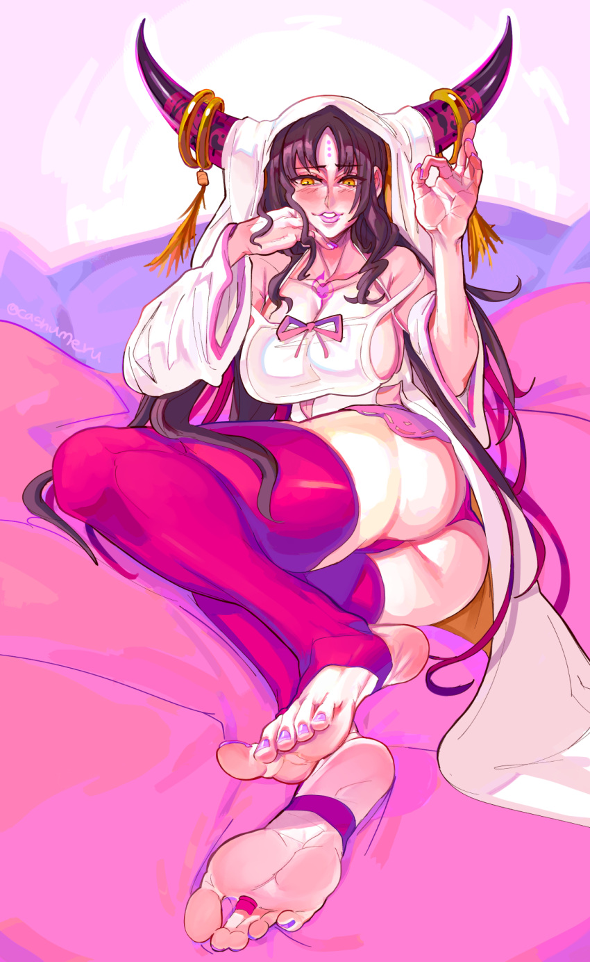 1girls accessory ass barefoot bed big_feet black_hair blush blushing cashumeru clothed_female clothing fate_(series) feet foot_fetish foot_focus horn horns large_breasts legwear long_hair long_toes looking_down meaty_soles mostly_clothed nail_polish pink_nails pink_toenails presenting_feet sesshouin_kiara soles solo solo_female stirrup_legwear toenail_polish toenails toes yellow_eyes