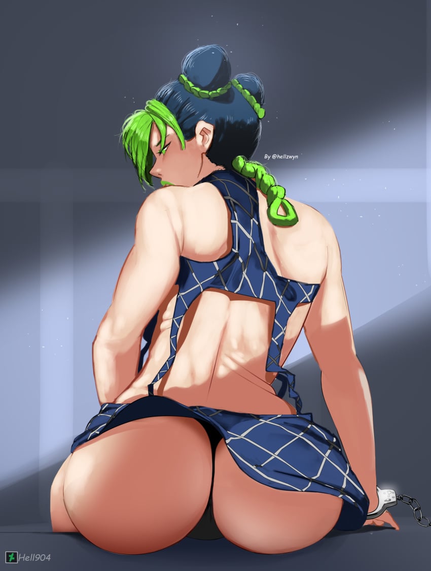 1girls ass back_view big_ass breasts favorite female female_only green_hair handcuffs hell904 human jojo's_bizarre_adventure jolyne_kujo light-skinned_female light_skin long_hair shounen_jump stone_ocean