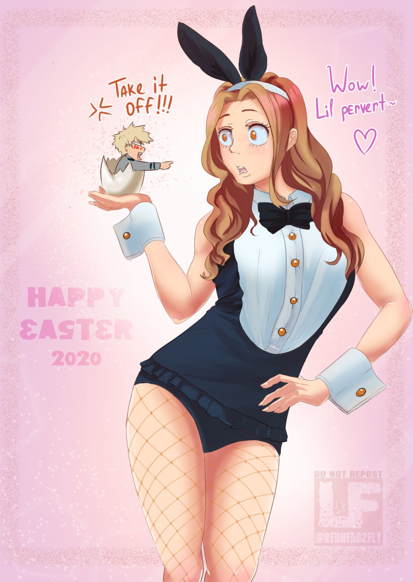 1girls blonde_hair bunny_ears bunny_girl bunnysuit camie_utsushimi easter eggshell english_text female female_focus female_only fishnets golden_eyes katsuki_bakugou miniboy my_hero_academia posing pout pouty_lips shrink solo_focus text