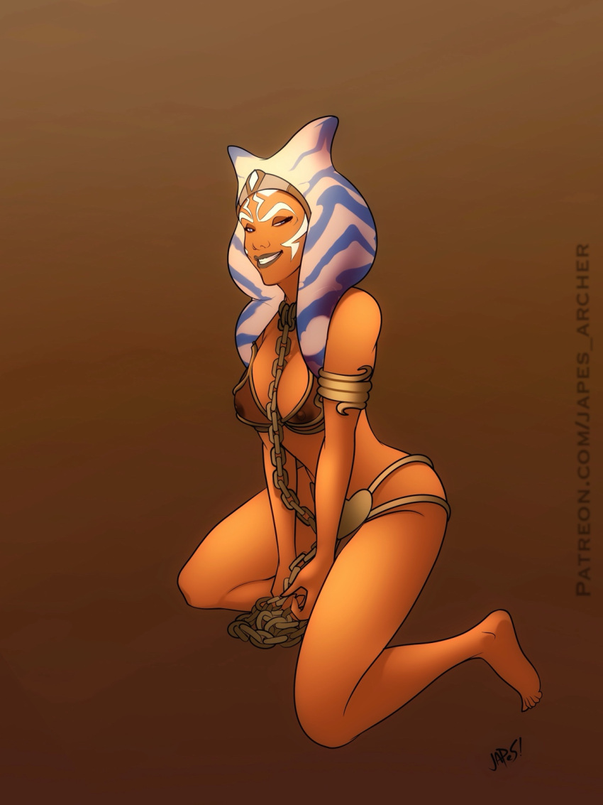 1girls ahsoka_tano belly_dancer belly_dancer_outfit blue_eyes chain_leash cleavage dancer dancer_outfit femsub happy_sub harem_girl harem_outfit japes kneeling large_breasts nipples_visible_through_clothing orange_skin slave slave_ahsoka slave_bikini slave_collar slave_outfit slavegirl star_wars star_wars_rebels submissive_female text togruta