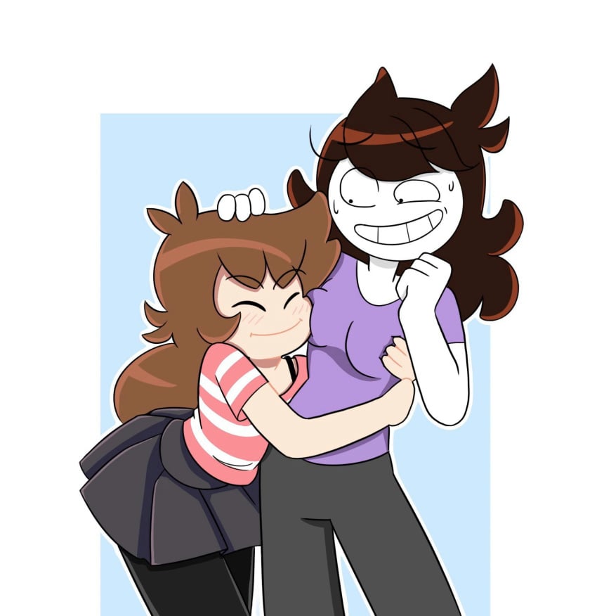 2girls black_bra black_pants blush brown_hair closed_eyes eyebrows_visible_through_hair face_on_breast fully_clothed hand_on_hair hugging jaiden jaiden_animations long_hair looking_at_partner miniskirt nervous nervous_smile nervous_sweat purple_shirt shgurr simple_background stockings striped_shirt thrumbo white_background white_skin wholesome youtube youtuber youtuber_girl yuri