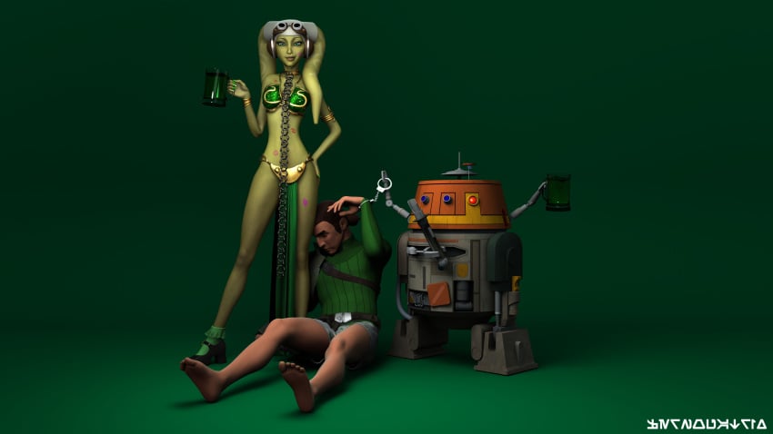 0biwanken0bie 1boy 1girls astromech_droid bra breasts canon_couple chopper_(star_wars) cleavage clothed clothing cosplay droid green_background green_eyes hera_syndulla interspecies kanan_jarrus lingerie lipstick lipstick_mark loincloth looking_at_viewer male medium_breasts metal_bikini pose revealing_clothes robot simple_background slave slave_bikini slave_leia_(cosplay) slave_outfit smile st._patrick's_day standing star_wars star_wars_rebels text twi'lek