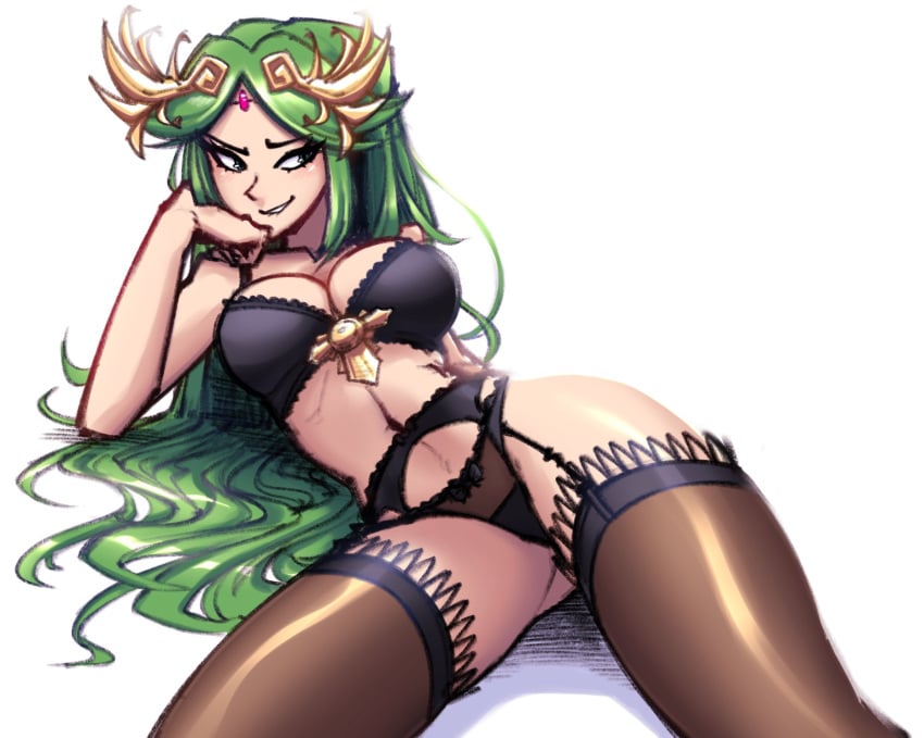 1girls bedroom_eyes bra breasts cleavage female female_only garter_belt garter_straps gingrjoke green_hair kid_icarus large_breasts lingerie long_hair nintendo palutena panties smile smirk solo stockings thick_thighs underwear wide_hips