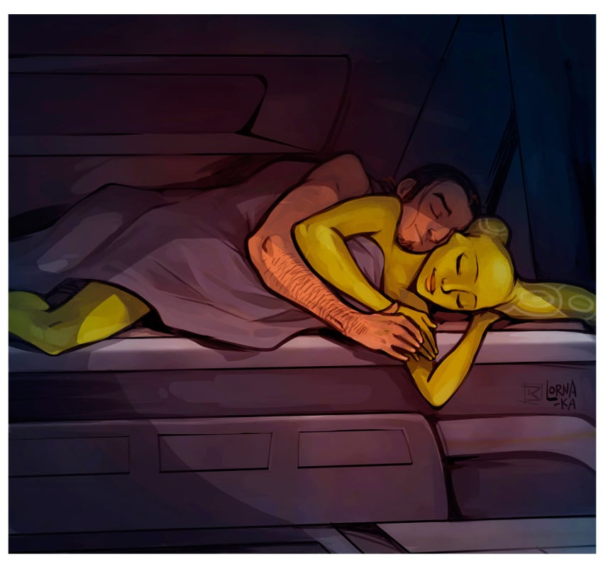 1boy 1girls bed blanket canon_couple closed_eyes couple green_skin hera_syndulla hi_res interspecies kanan_jarrus lorna-ka male on_bed romantic sleeping smile star_wars star_wars_rebels text twi'lek watermark wholesome