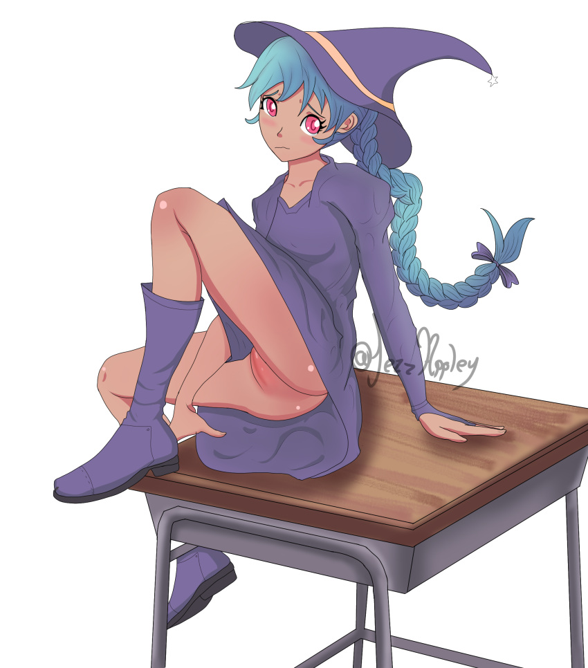 1girls blue_hair blush dark_skin exposed_pussy female female_focus female_only high_guardian_spice highguardianspice pigtail sage_(high_guardian_spice) school_chair school_desk twintails white_background witch_costume witch_hat