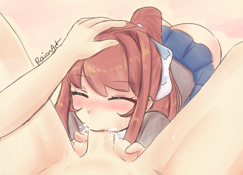 1boy 1girls ass ball_fondling balls_touching blowjob blue_skirt brown_hair bubble_ass bubble_butt closed_eyes clothing cum cum_in_mouth cum_in_throat cum_inside deepthroat doki_doki_literature_club fellatio female female_focus gag gagging hand_on_head looking_at_viewer monika_(doki_doki_literature_club) oral penis ponytail pov raionart ribbon school_uniform skirt straight tight_throat watermark white_ribbon