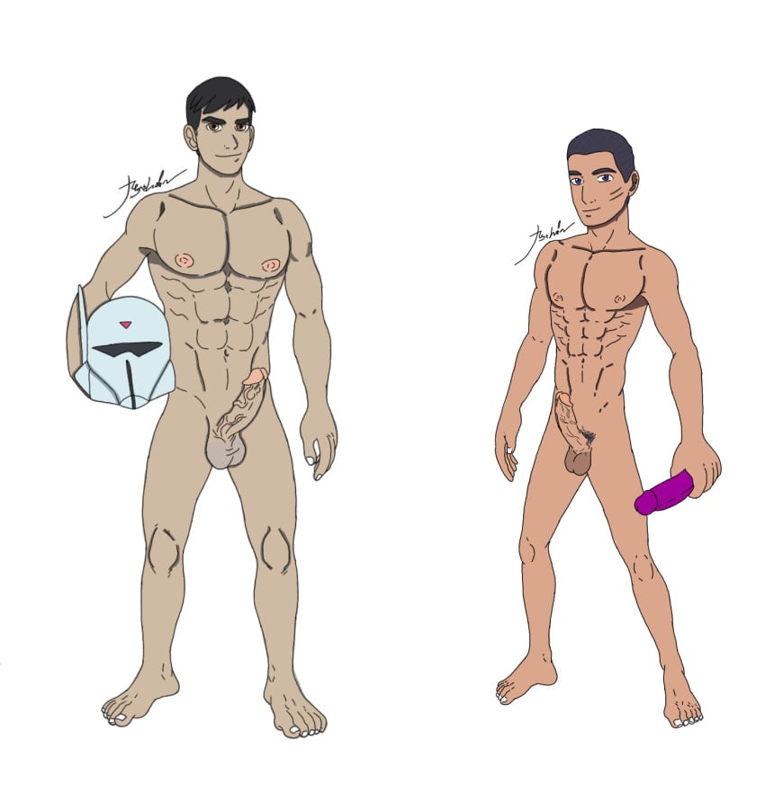 2boys balls big_penis blue_eyes blue_hair brown_eyes brown_hair erection ezra_bridger kyuuchan99 looking_at_viewer muscular muscular_male nude penis pose pubic_hair scar short_hair simple_background smile star_wars star_wars_rebels tristan_wren veiny_penis white_background