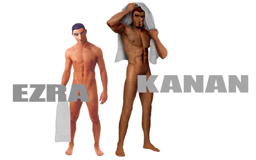 2boys balls beard big_nose black_hair brown_hair cdpetee chest_hair erection ezra_bridger facial_hair flaccid kanan_jarrus male male_only nipples nude penis pointless_censoring pubic_hair realistic short_hair size_difference star_wars star_wars_rebels text_censor towel