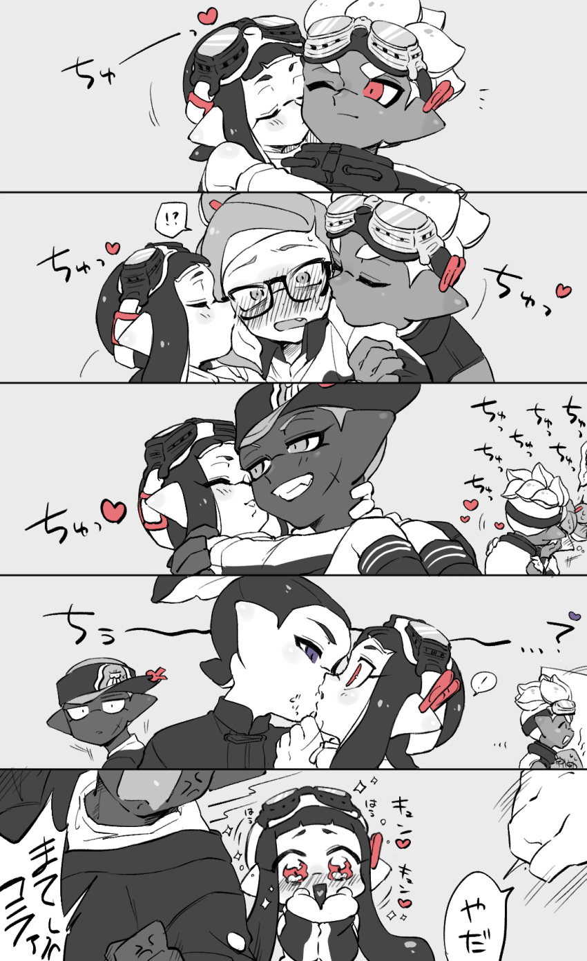 g_hmr88 gay inkling inkling_boy inkling_girl kissing monochrome splatoon straight wholesome