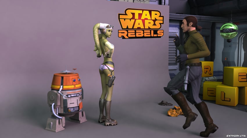 0biwanken0bie 1boy 1girls angry ass astromech_droid brown_hair canon_couple chopper_(star_wars) clothed clothing droid english_text green_eyes hera_syndulla kanan_jarrus lingerie pose revealing_clothes short_hair sideboob simple_background star_wars star_wars_rebels text twi'lek undressing watermark