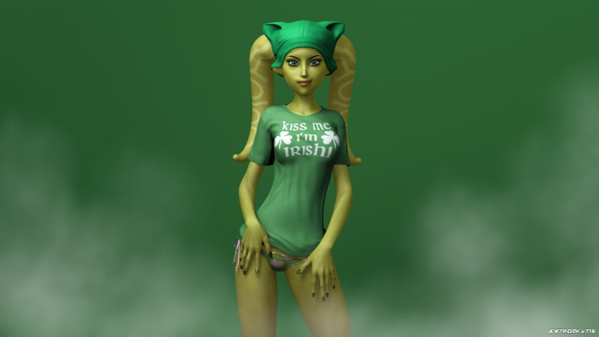 0biwanken0bie 1girls big_breasts breasts clothed clothing english_text female_focus female_only green_background green_eyes hera_syndulla hi_res looking_at_viewer pose revealing_clothes simple_background smile solo st._patrick's_day star_wars star_wars_rebels text twi'lek