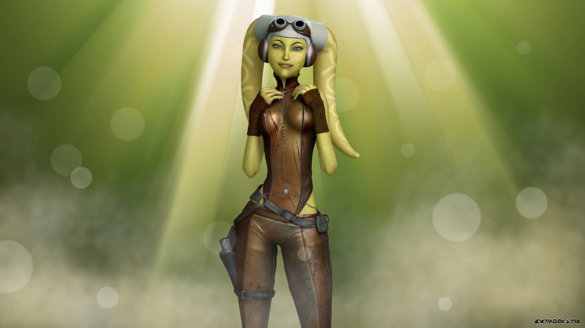 0biwanken0bie 1girls big_breasts breasts brown_clothing clothed clothing female_focus female_only fully_clothed green_background green_eyes hera_syndulla hi_res looking_at_viewer nipple_bulge pose simple_background smile solo star_wars star_wars_rebels text twi'lek wide_hips