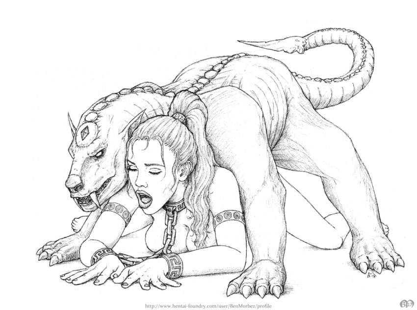 1boy 1girls benmorbez bestiality bondage_with_feral canine chains collar demon doggy_style female female_penetrated feral feral_on_female feral_on_human feral_penetrating feral_penetrating_female feral_penetrating_human handcuffs human human_female human_on_feral humansub interspecies looking_pleasured male nonhuman_male_on_human_female on_all_fours open_mouth orgasm_face ponytail restrained shackles straight zoophilia