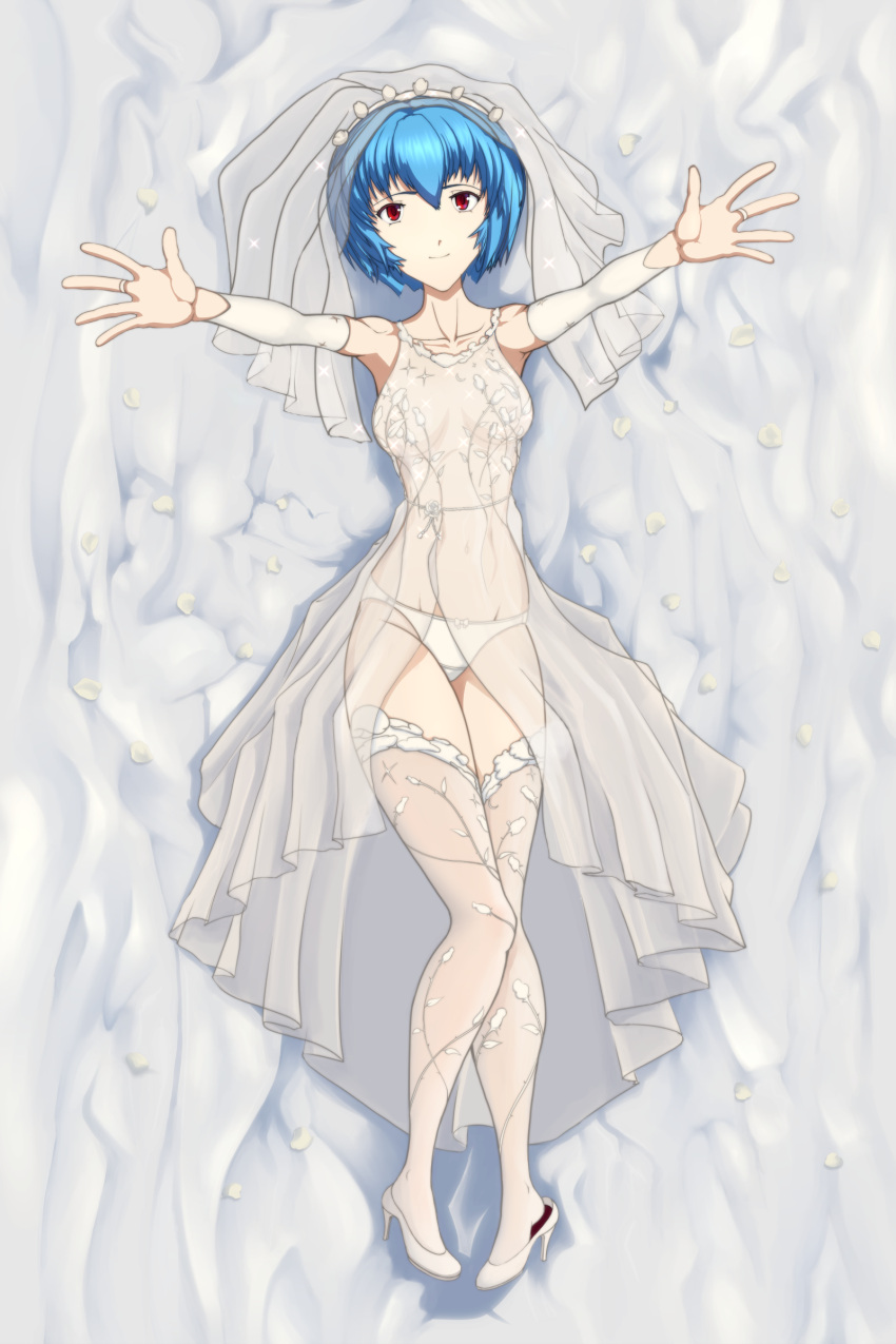 1girls blue_hair bridal_lingerie bridal_veil bride clothing dress female female_only innocent large_breasts laying_on_bed light_smile neon_genesis_evangelion panties red_eyes rei_ayanami see-through see-through_clothing smile smiling smiling_at_viewer solo stockings wants_a_hug wedding_dress wedding_lingerie wedding_veil white_legwear white_stockings wholesome