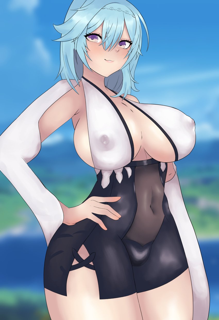 1futa absurdres bangs blue_hair breasts brown_eyes bulge eula_(genshin_impact) futa_only futanari fuxy genshin_impact highres large_breasts looking_at_viewer nipple_bulge nipples see-through short_hair solo