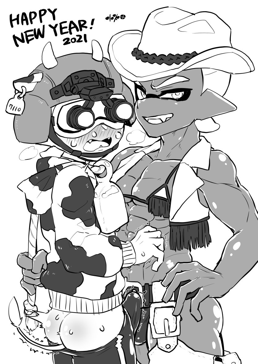 2boys abdominals abs cow_print cowboy g_hmr88 gay inkling inkling_boy lasso male_only rider_(splatoon) splatoon splatoon_(manga) stealth_(splatoon) yaoi