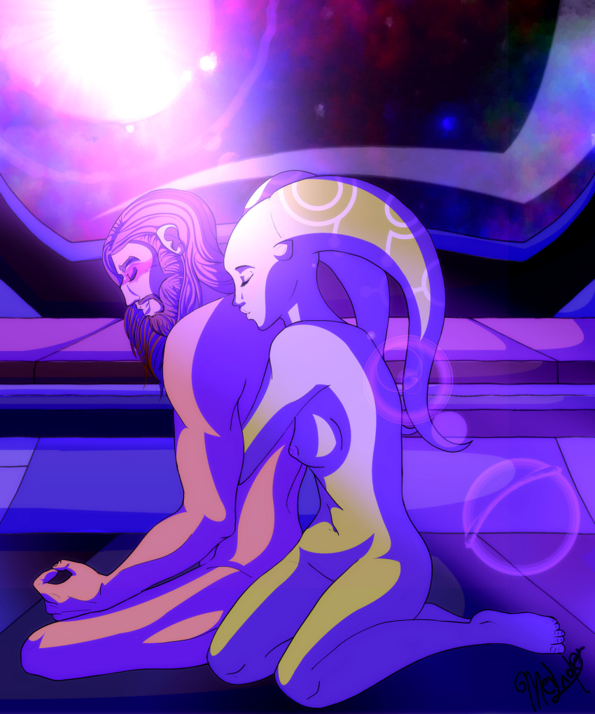 1boy 1girls breasts brown_hair canon_couple cyndermizuki hera_syndulla hi_res hug interspecies kanan_jarrus kissing lekku male meditating medium_breasts medium_hair navel nipples nude sideboob smile spread_legs star_wars star_wars_rebels text twi'lek watermark