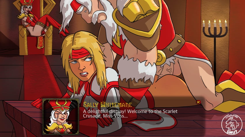 alternate_version_available anal annoyed armor arms_crossed ass blonde_hair blue_eyes crueltyfreesmut dat_ass dialogue dialogue_box domination dubious_consent fingering hearthstone human lilian_voss looking_back masturbation on_display prone_bone renault_mograine sally_whitemane scarlet_crusade sex sex_on_table sitting staff teasing teeth_clenched thighhighs throne warcraft watching white_hair world_of_warcraft