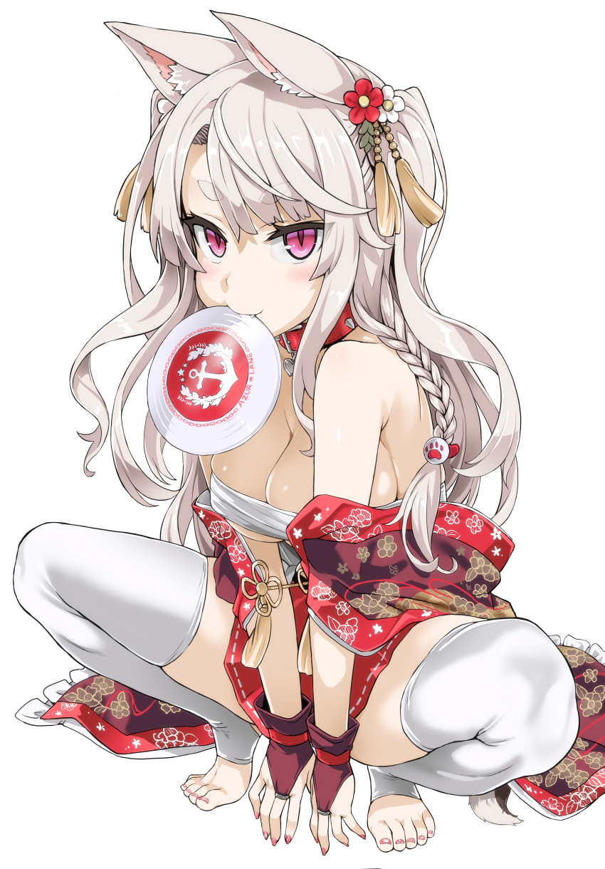 animal_ears asanagi azur_lane bare_shoulders barefoot braid breasts bridal_gauntlets cleavage collar enty_reward eyebrows feet female female female_only fingerless_gloves flower frisbee gloves hair_flower hair_ornament high_resolution inumimi large_breasts legs long_hair looking_at_viewer mouth_hold nail_polish nengajou new_year open_clothes open_shirt paid_reward red_eyes sarashi short_eyebrows silver_hair simple_background single_braid slit_pupils smile solo spiked_collar spikes spread_legs squatting tail thick_eyebrows thighhighs thighs tied_hair toeless_legwear toenail_polish toes tsurime wafuku white_background white_legwear yuudachi_(azur_lane)