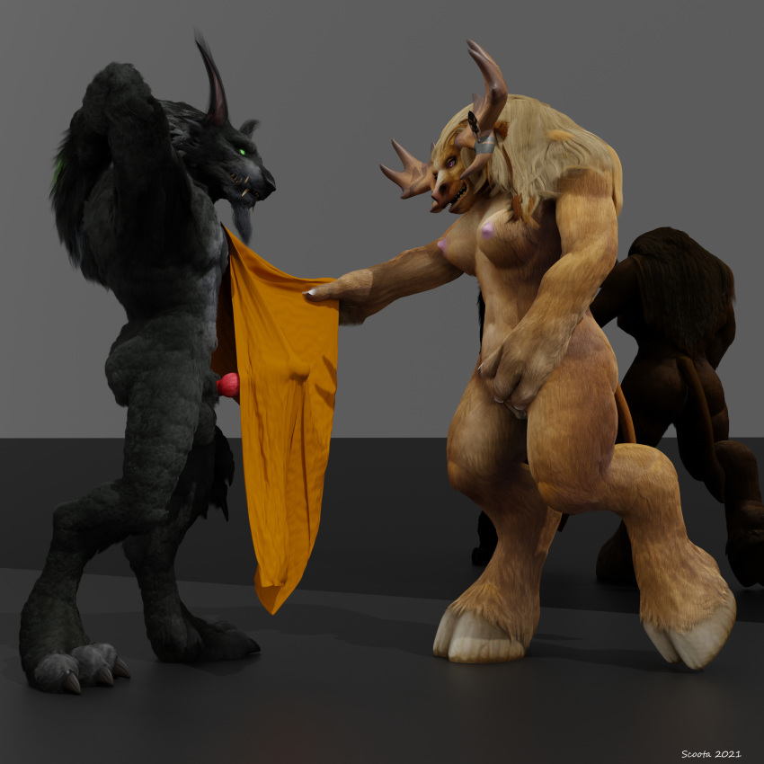 3d_(artwork) absurd_res anthro antlers bjelka_(scoota) blizzard_entertainment bovid bovine canid canine digital_media_(artwork) duo embarrassed_nude_male fangs female fur genitals hi_res horn knot male mammal penis scoota tauren towel towel_on_shoulder towel_only towel_pull video_games warcraft were werecanid worgen world_of_warcraft