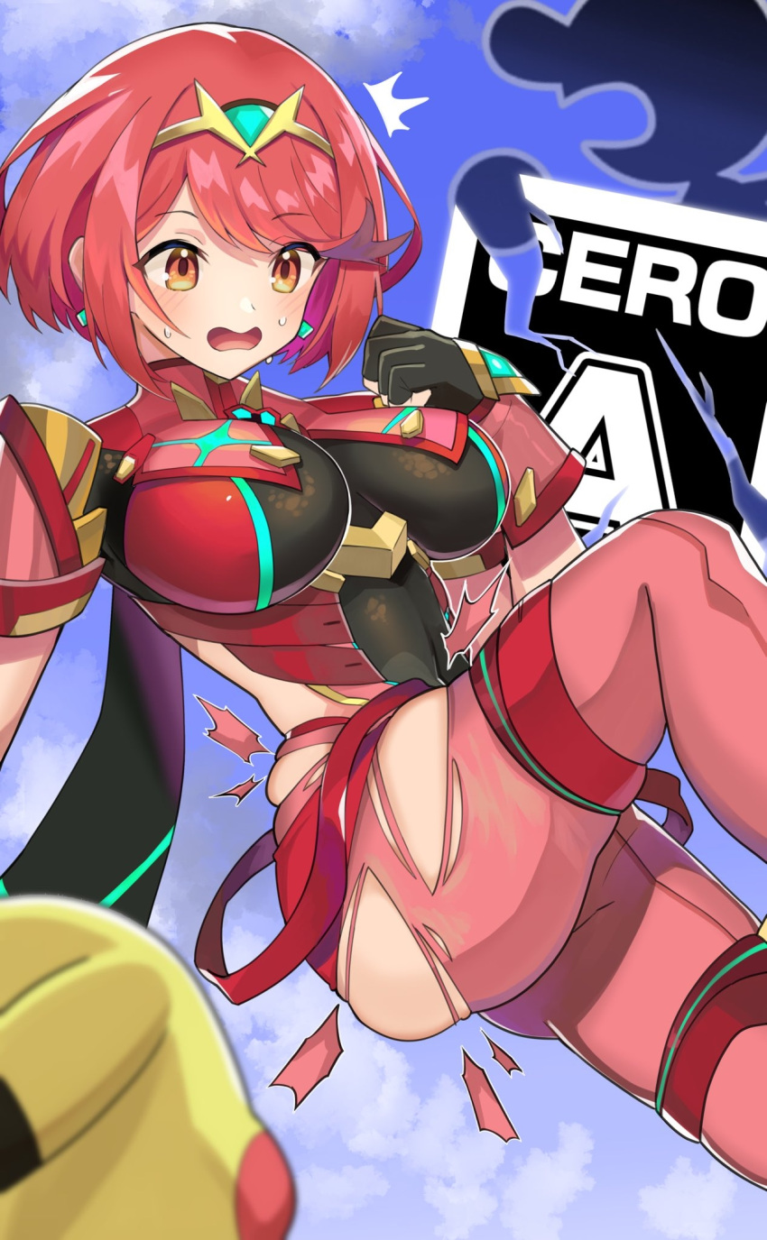 1girls 2boys big_breasts big_butt game_and_watch mr._game_and_watch nintendo panties panties_ripped pikachu pokemon pyra red_eyes red_hair super_smash_bros. wardrobe_malfunction xenoblade_(series) xenoblade_chronicles_2