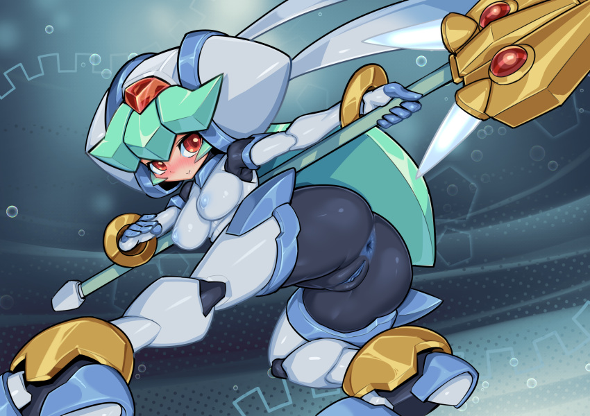 1girls absurdres android anus artificial_skin ass blue_anus blue_nipples blue_pussy blush breasts clitoris clothed female forehead_jewel green_hair high_resolution highres hybrid jewelry looking_at_another looking_back mega_man mega_man_zx multicolored_skin pandora_(mega_man) partially_clothed pochincoff pussy red_eyes reploid robot robot_girl sideboob smile solo triangular_anus uncensored weapon white_breasts