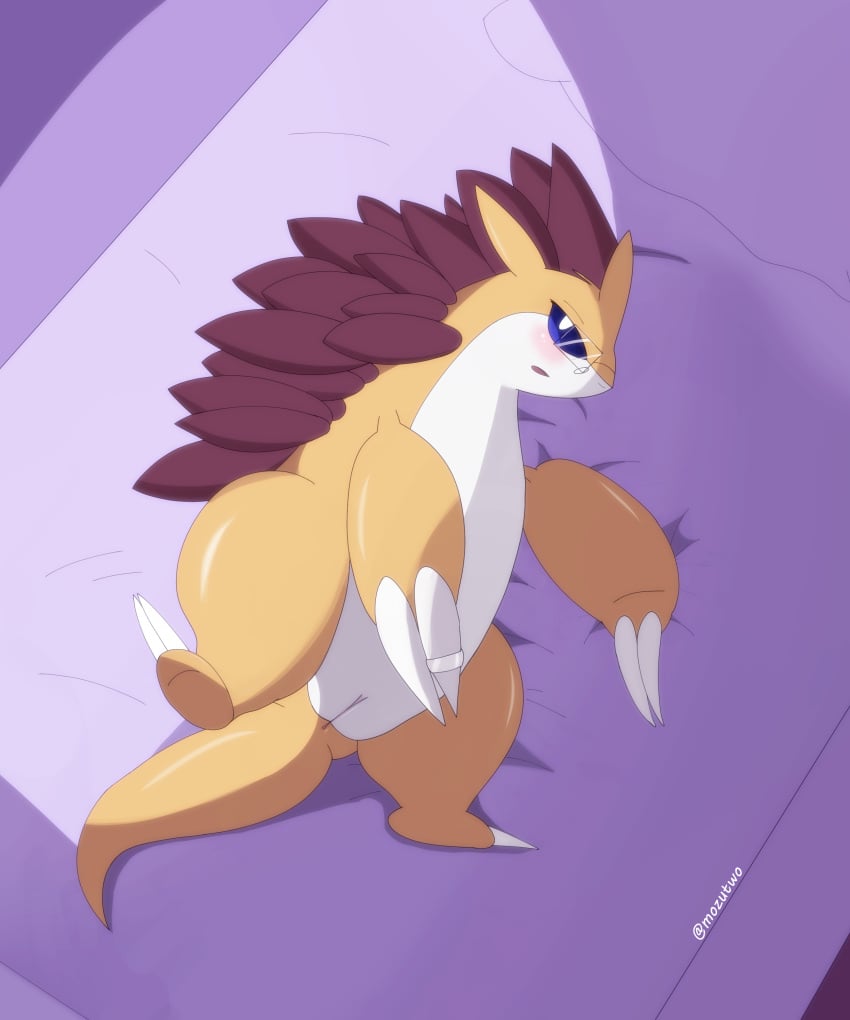 absurd_res bed blue_eyes blush claws eyewear female feral furniture genitals glasses hi_res lying mammal nintendo on_bed pokémon_(species) pokemon pokemon_(species) pussy raised_leg sabari sandslash sindor solo video_games