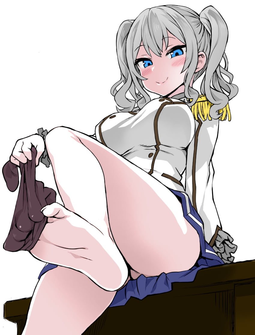 asanagi ass barefoot between_toes blush breasts colorization convenient_leg epaulettes feet female female_only foreshortening implied_nopan kantai_collection kashima_(kantai_collection) large_breasts miniskirt no_hat no_headwear partially_colored removing_sock simple_background sitting skirt smile sock_dangle sock_pull soles solo taut_clothes thick_thighs thighhighs thighs tied_hair toes tsurime twintails undressing white_background