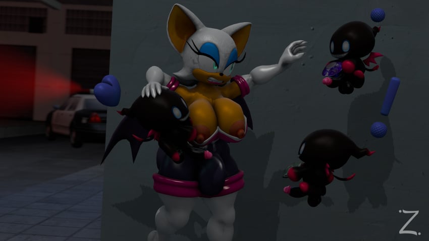 3d 3d_(artwork) 3d_model anthro breasts bulge chao_(sonic) chaos_emerald chiropteran dark_chao eyeshadow furry futanari hair mobian mobian_(species) mobian_bat nipples police police_car rouge_the_bat sega sonic_(series) sonic_adventure_2 sonic_the_hedgehog_(series) tan_body tan_skin torn_clothing white_body white_hair wings zeniix98