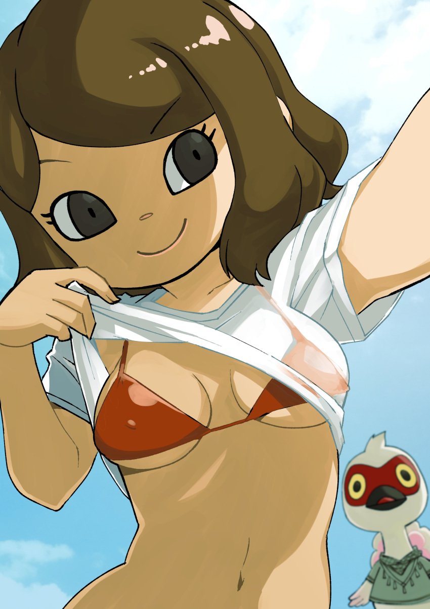 animal_crossing bikini_top black_eyes breasts cute day looking_at_viewer mob_face muramasa_mikado murana_(muramasa_mikado) navel nintendo only_player red_bikini_top red_bra selfie shirt_lift sky smile swimsuit villager_(animal_crossing)