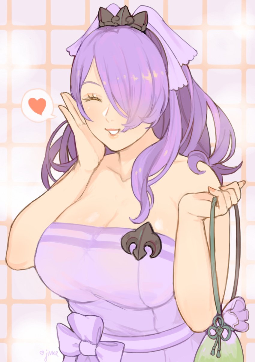 1girls ara_ara artist_name artist_signature bathrobe bathroom big_breasts big_sister black_bow blush blushing camilla_(fire_emblem) camilla_(hot_springs)_(fire_emblem) cleavage eyelashes eyes_closed female female_focus female_only fire_emblem fire_emblem_fates fire_emblem_heroes hair_over_eye hair_over_one_eye happy heart hot_spring huge_breasts human human_focus human_only jivke large_breasts mature mature_female mature_woman milf mommy_kink nintendo one_eye_covered one_eye_obstructed purple_hair slightly_chubby smile smiling solo solo_female solo_focus steam steamy thick towel towel_only voluptuous wholesome