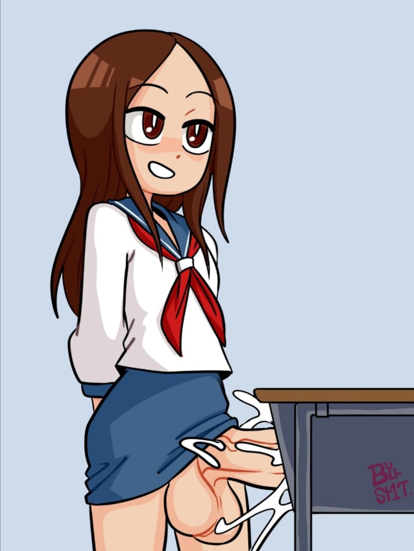 1futa balls big_penis bullsh1tartist clothed clothing cum desk ejaculation erection erection_under_skirt futa_only futanari hands-free hands_behind_back handsfree_ejaculation human karakai_jouzu_no_takagi-san masturbation mostly_clothed pale_skin penis school_desk school_uniform skirt smile solo standing stealth_masturbation takagi-san teasing_master_takagi-san uniform younger_female