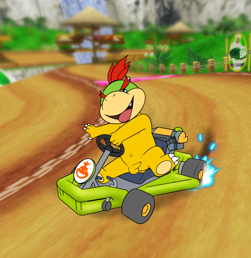 absurd_res balls bowser_jr. flaccid foreskin genitals hi_res humanoid_genitalia humanoid_penis koopa long_foreskin male male_only mario_(series) mario_kart nintendo nude penis race_car race_track scalie small_penis smile tribaldragon uncut unretracted_foreskin video_games young