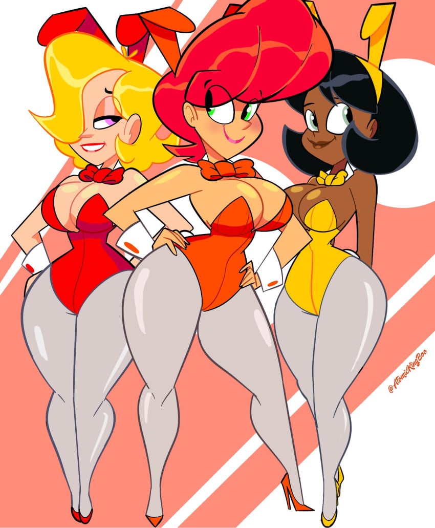 3girls alison_rose alternate_version_available artist_name atomickingboo big_breasts blonde_hair breasts bunny_ears bunny_girl bunny_suit bunnysuit bursting_breasts dark-skinned_female dark_skin dialogue english_text fat_ass fat_butt female female_focus female_only high_heels hips hourglass_figure large_ass large_breasts looking_back macy_atomix mindi_tygerson nipples original original_character original_characters pantyhose pompadour red_hair the_space_angels thick thick_legs thick_thighs thighs voluptuous wide_hips