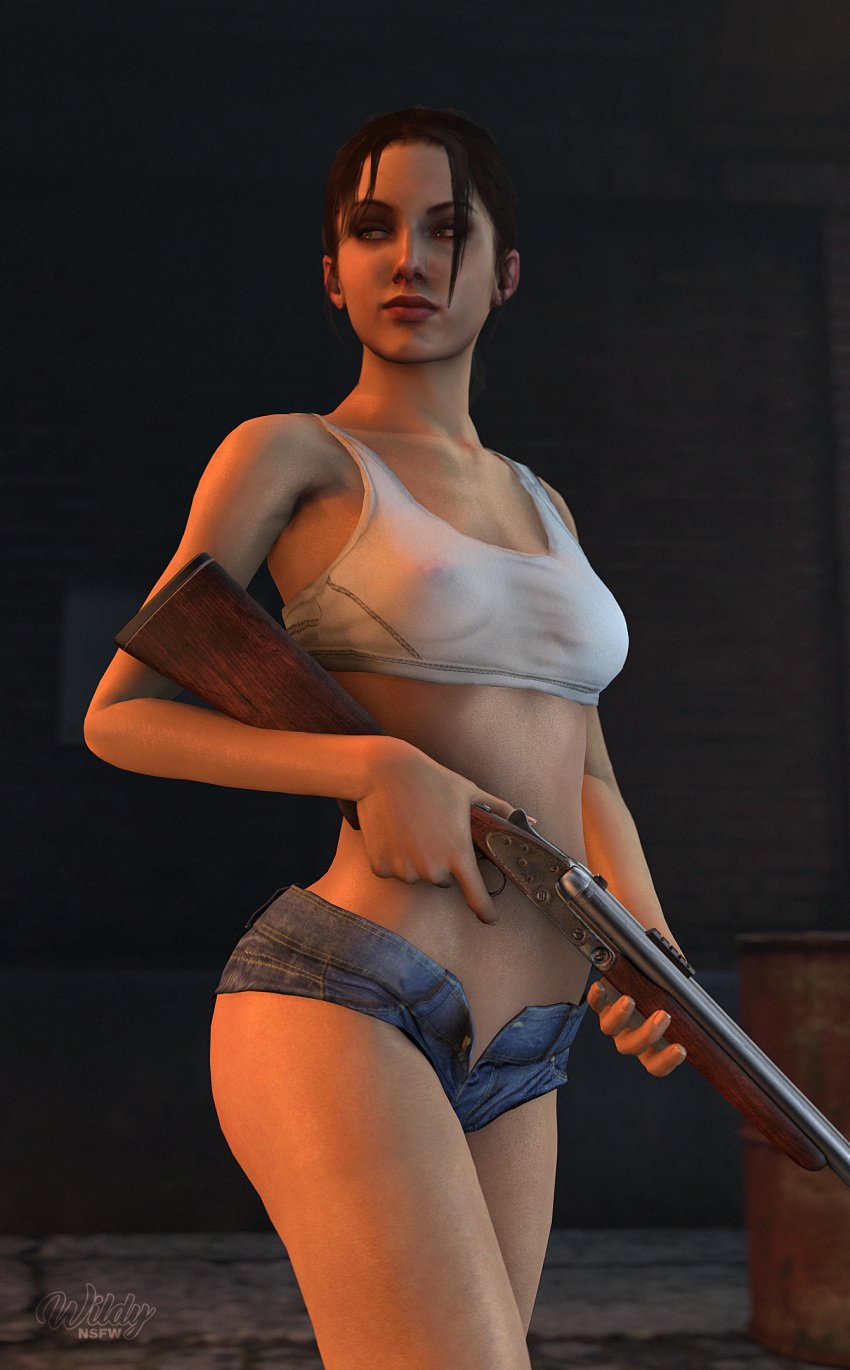 1girls 3d areolae athletic athletic_female bare_legs bare_midriff breasts brown_hair crop_top daisy_dukes double-barreled_shotgun female female_focus female_only firearm left_4_dead long_hair medium_breasts navel nipples ponytail see-through short_hair shorts shotgun skimpy skimpy_clothes solo standing tagme weapon wet_shirt wildynsfw zoey_(left_4_dead)