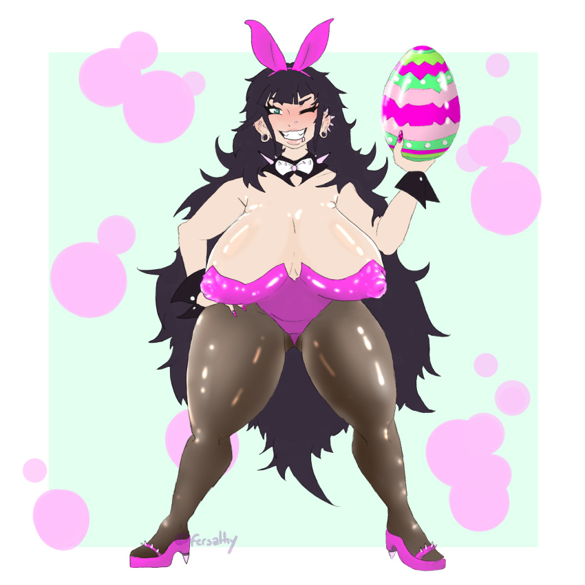 allia_(frsath) big_breasts black_hair breasts bunny_ears bunnysuit easter easter_egg female frsath green_eyes heels large_breasts milf nail_polish piercing piercings sagging_breasts thighs tights