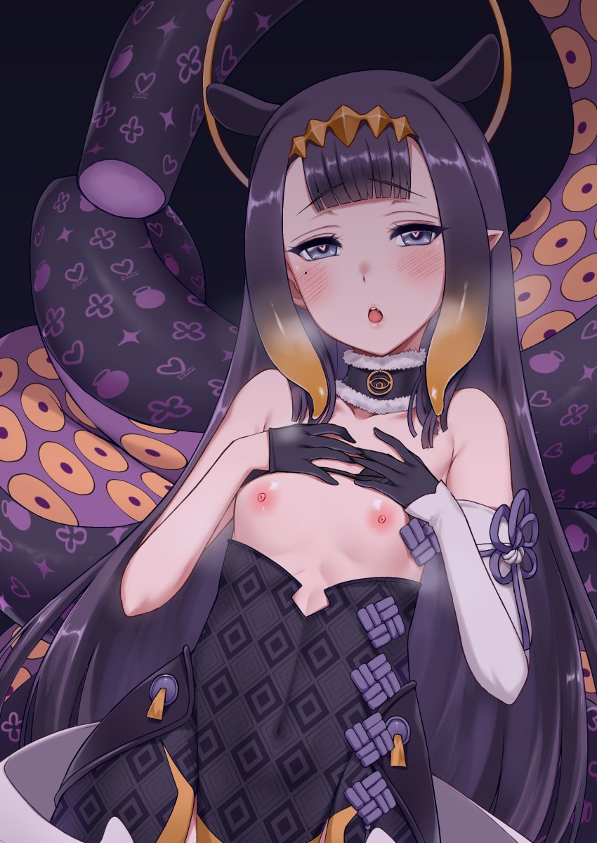 :o black_gloves black_hair blue_eyes blushing bodice breasts female hololive hololive_english hololive_myth neckwear ninomae_ina'nis petite small_breasts tagme topless virtual_youtuber youtube