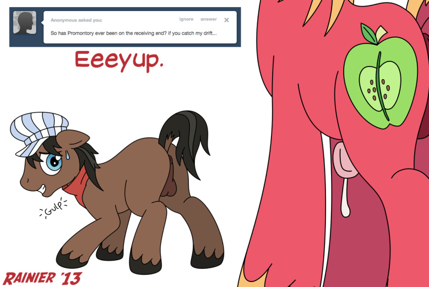 2013 anus balls big_macintosh_(mlp) clop cutie_mark english_text friendship_is_magic furry gay hat horsecock imminent_sex male my_little_pony no_humans penis precum presenting promontory_(mlp) sweat text