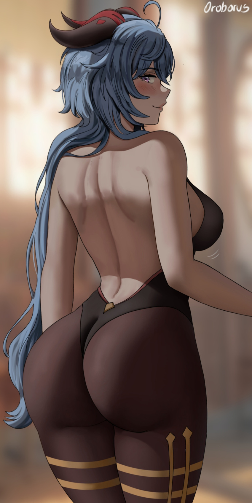 1girls ass backless_outfit blue_hair bodystocking breasts dat_ass female ganyu_(genshin_impact) genshin_impact hi_res horns huge_ass large_breasts long_hair oroborusart purple_eyes savagexthicc thick_thighs