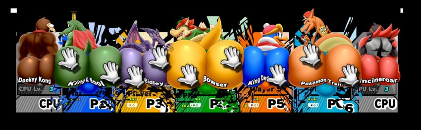 anthro ass big_butt bowser character_select charizard clothing crocodile crocodilian crocodylid crossover crown disembodied_hand donkey_kong donkey_kong_(series) group hi_res incineroar k_rool king king_dedede kirby_(series) koopa looking_back male male_only mario_(series) metroid nintendo pokémon_(species) pokemon pokemon_(species) reptile ridley robe royalty scalie spaca spanking super_smash_bros. video_games