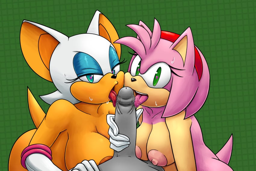 1boy 2girls absurd_res amy_rose anthro_on_human big_breasts collaborative_fellatio digital_media_(artwork) double_fellatio erect_penis erection eye_shadow eyelashes eyeshadow fellatio gloves gloves_only heart-shaped_pupils heart_eyes hi_res human human_male human_on_anthro jammiez multiple_girls offscreen_character offscreen_male pink_fur pink_hair pov rouge_the_bat saliva saliva_on_penis simple_background sonic_(series) sonic_the_hedgehog_(series) soubriquetrouge sweat sweatdrop sweating teamwork tongue white_fur white_hair