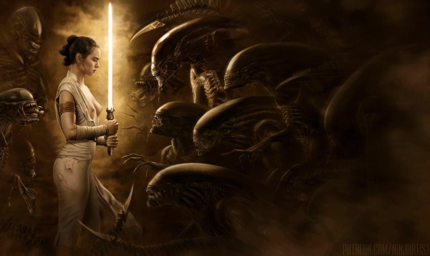 1girls 2d 2d_(artwork) absurd_res alien_(franchise) areola big_areola big_nipples breasts celebrity clothing daisy_ridley disney female female_only fighting_stance hi_res highres imminent_fight lightsaber ninjartist nipples pale-skinned_female pale_skin perky_breasts photorealism photorealistic real_person realistic rey small_breasts solo_female star_wars topless_female torn_clothes weapon xenomorph