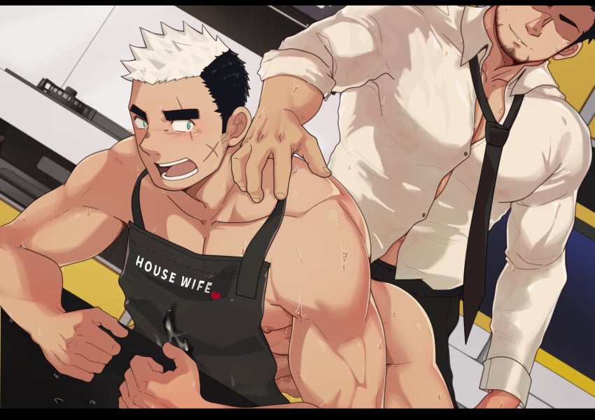 2boys abs absurdres ahrstudio all_fours alternate_costume apron ass bara bare_pecs bare_shoulders beard black_apron black_pants blush bursting_pecs couple cum cum_on_clothes facial_hair formal goatee green_eyes gyee hand_on_another's_shoulder head_out_of_frame highres imminent_sex indoors kitchen large_pectorals male_cleavage male_focus mature_male midriff_peek multicolored_hair multiple_boys muscular muscular_male naked_apron necktie necktie_removed nipples pants pectorals priapus priapus_a._tarou purple_hair reward_available scar scar_across_eye scar_on_cheek scar_on_face shirt short_hair sideburns sleeves_rolled_up smirk spiked_hair two-tone_hair white_shirt yan_(gyee) yaoi